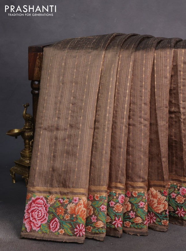 Pure dupion silk saree elaichi green with allover zari weaves and floral embrodery work border