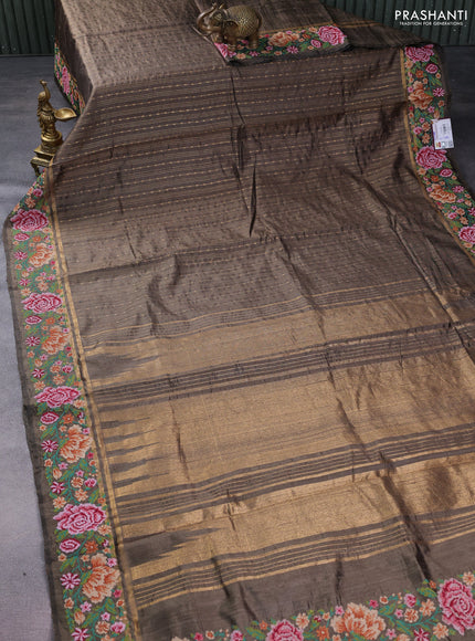 Pure dupion silk saree elaichi green with allover zari weaves and floral embrodery work border