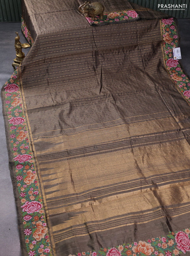 Pure dupion silk saree elaichi green with allover zari weaves and floral embrodery work border