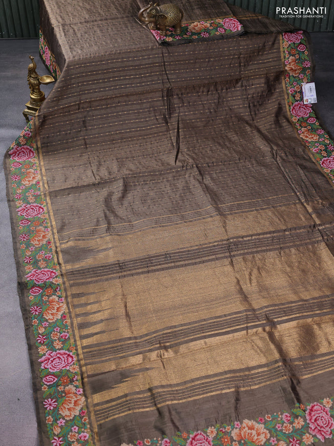 Pure dupion silk saree elaichi green with allover zari weaves and floral embrodery work border