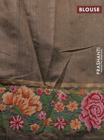 Pure dupion silk saree elaichi green with allover zari weaves and floral embrodery work border