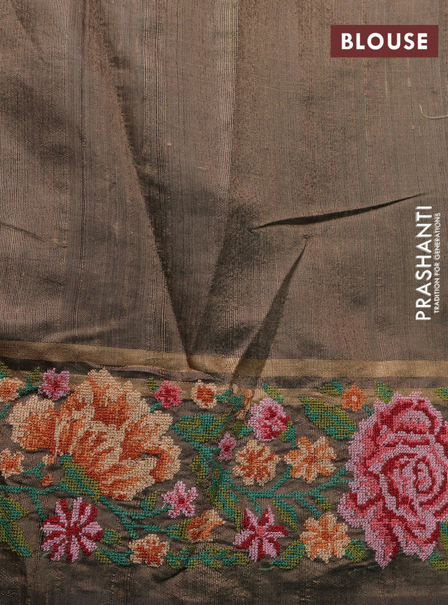 Pure dupion silk saree elaichi green with allover zari weaves and floral embrodery work border