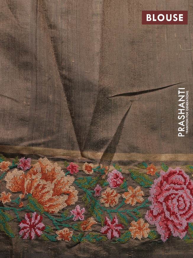 Pure dupion silk saree elaichi green with allover zari weaves and floral embrodery work border