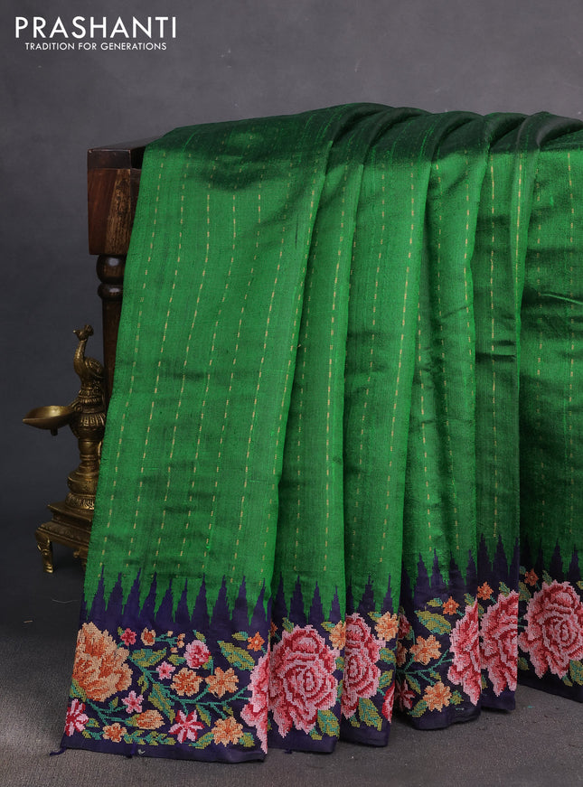 Pure dupion silk saree green and dark blue with allover zari woven buttas and temple zari woven floral embroidery work border