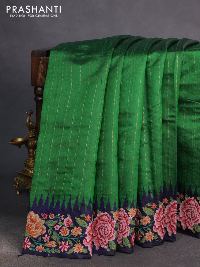 Pure dupion silk saree green and dark blue with allover zari woven buttas and temple zari woven floral embroidery work border