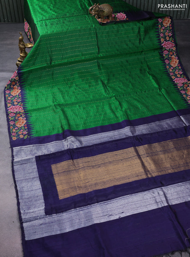 Pure dupion silk saree green and dark blue with allover zari woven buttas and temple zari woven floral embroidery work border