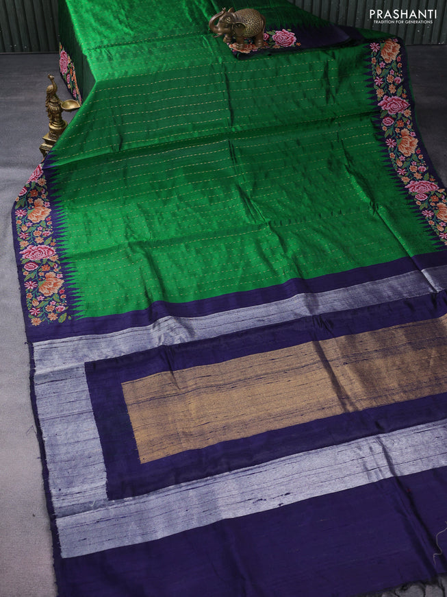 Pure dupion silk saree green and dark blue with allover zari woven buttas and temple zari woven floral embroidery work border