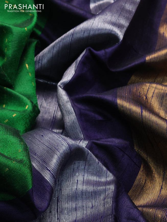 Pure dupion silk saree green and dark blue with allover zari woven buttas and temple zari woven floral embroidery work border