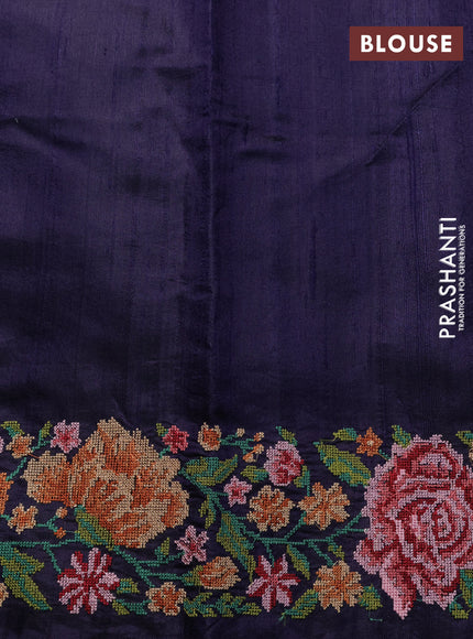 Pure dupion silk saree green and dark blue with allover zari woven buttas and temple zari woven floral embroidery work border