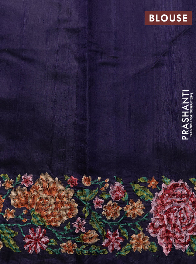 Pure dupion silk saree green and dark blue with allover zari woven buttas and temple zari woven floral embroidery work border