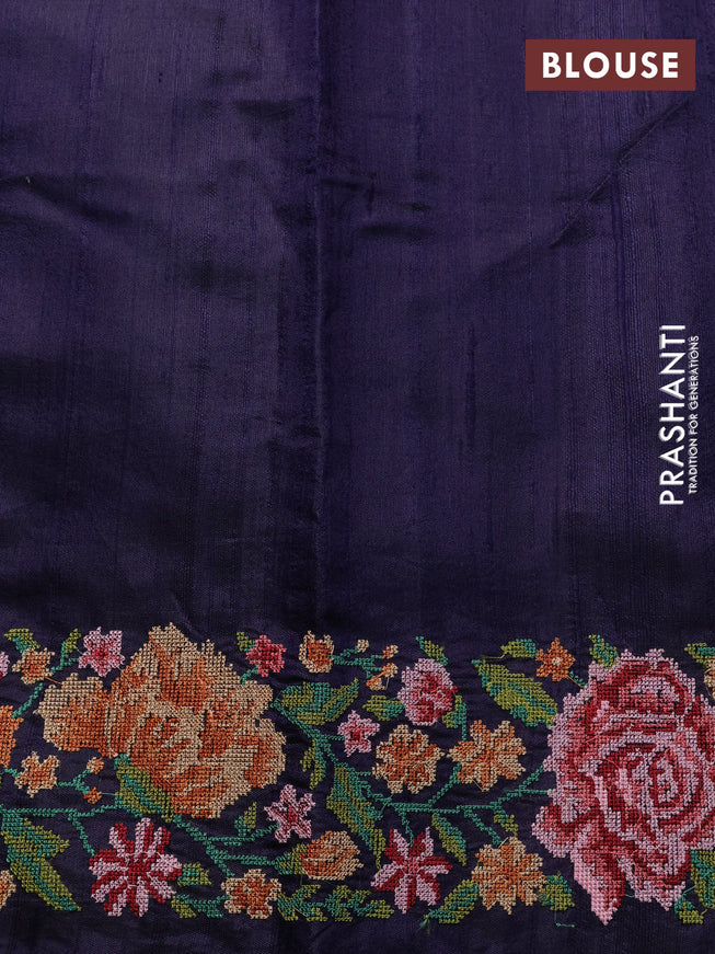 Pure dupion silk saree green and dark blue with allover zari woven buttas and temple zari woven floral embroidery work border