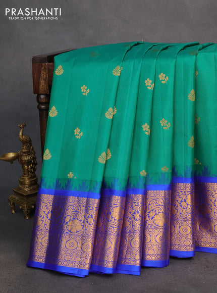 Pure gadwal silk saree green and blue with zari woven buttas and temple design zari woven border