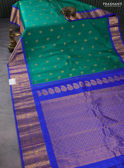 Pure gadwal silk saree green and blue with zari woven buttas and temple design zari woven border