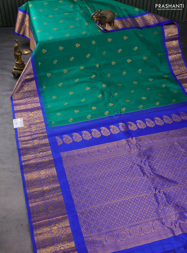 Pure gadwal silk saree green and blue with zari woven buttas and temple design zari woven border
