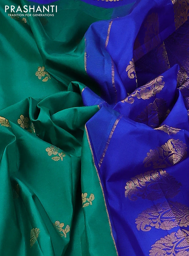 Pure gadwal silk saree green and blue with zari woven buttas and temple design zari woven border
