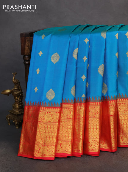 Pure gadwal silk saree teal blue and red with zari woven buttas and temple design zari woven border