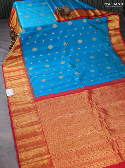 Pure gadwal silk saree teal blue and red with zari woven buttas and temple design zari woven border