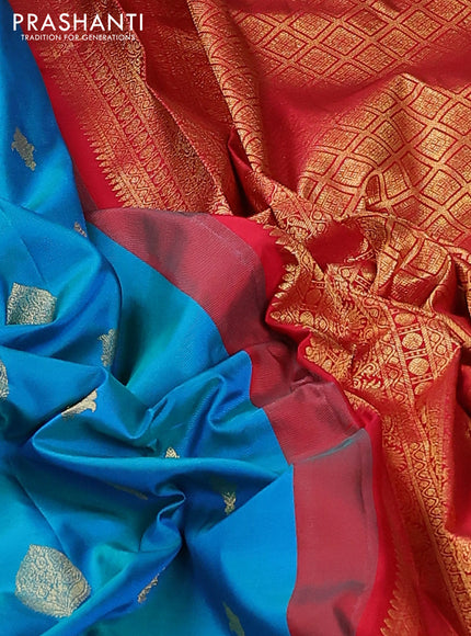 Pure gadwal silk saree teal blue and red with zari woven buttas and temple design zari woven border