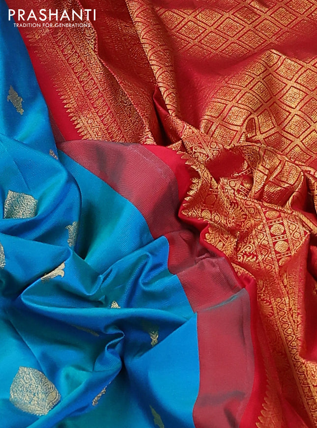 Pure gadwal silk saree teal blue and red with zari woven buttas and temple design zari woven border
