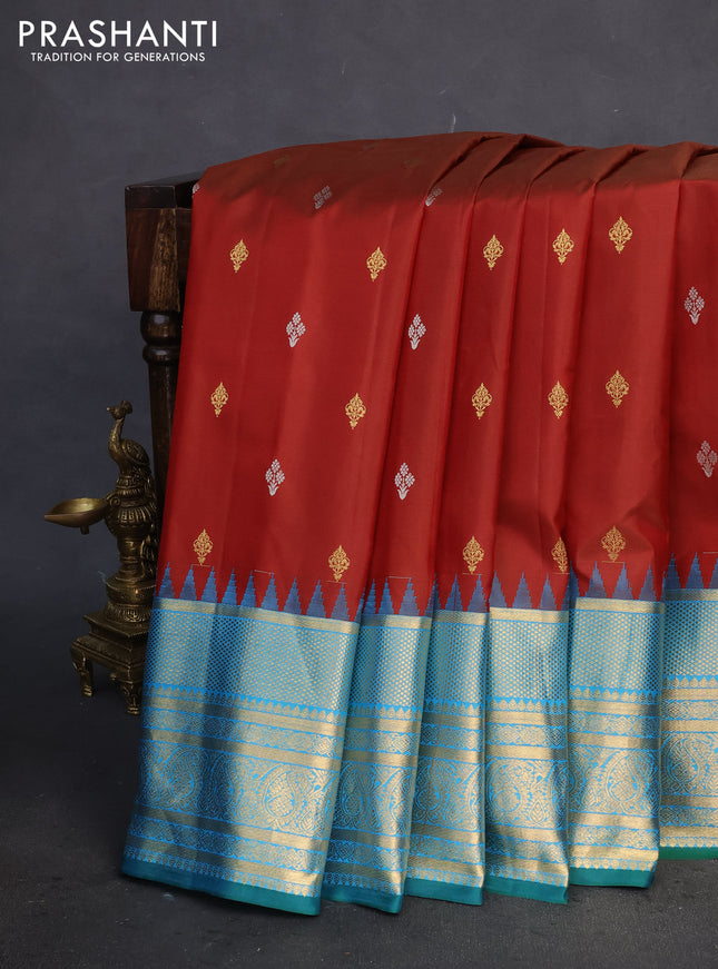 Pure gadwal silk saree maroon and cs blue with zari woven buttas and temple design zari woven border