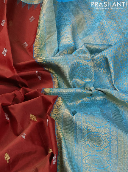 Pure gadwal silk saree maroon and cs blue with zari woven buttas and temple design zari woven border
