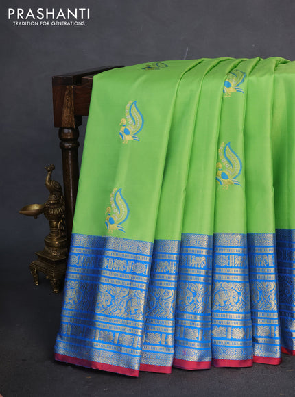 Pure gadwal silk saree light green and cs blue with zari woven buttas and long zari woven border