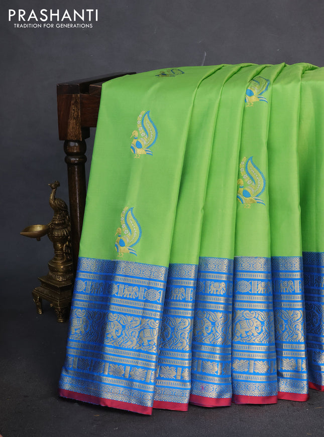 Pure gadwal silk saree light green and cs blue with zari woven buttas and long zari woven border