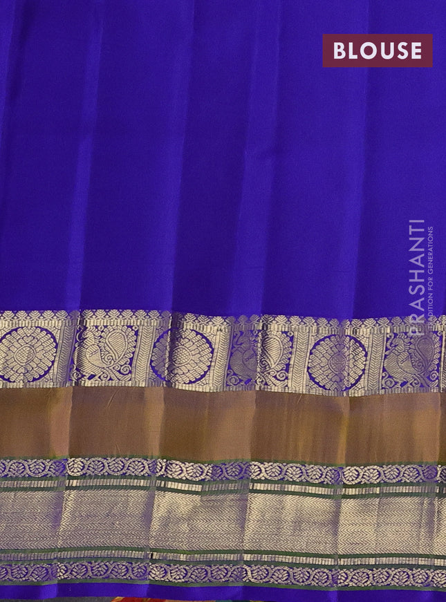 Pure gadwal silk saree pink and blue with zari stripes & buttas and temple design zari woven border