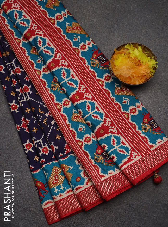 Semi pochampally saree navy blue and red with allover patola prints and zari woven border