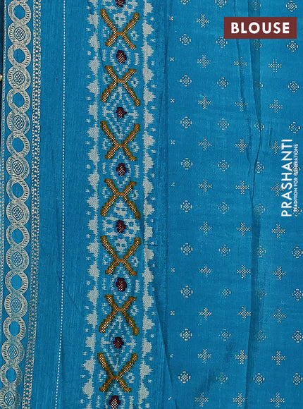 Semi pochampally saree teal blue with allover ikat prints and zari woven border