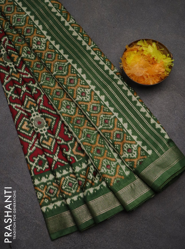 Semi pochampally saree green with allover ikat prints and zari woven border