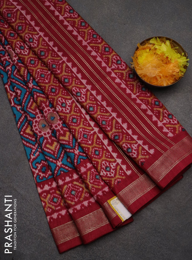Semi pochampally saree maroon with allover ikat prints and zari woven border