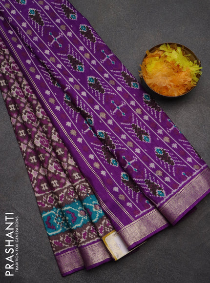 Semi pochampally saree grey shade and purple with allover ikat prints and zari woven border