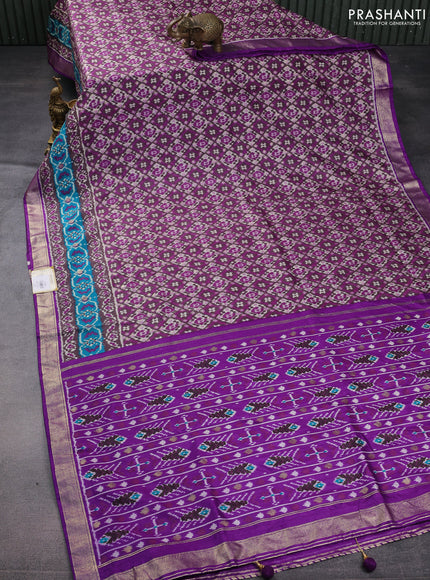 Semi pochampally saree grey shade and purple with allover ikat prints and zari woven border
