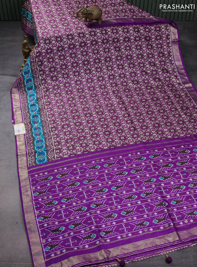 Semi pochampally saree grey shade and purple with allover ikat prints and zari woven border
