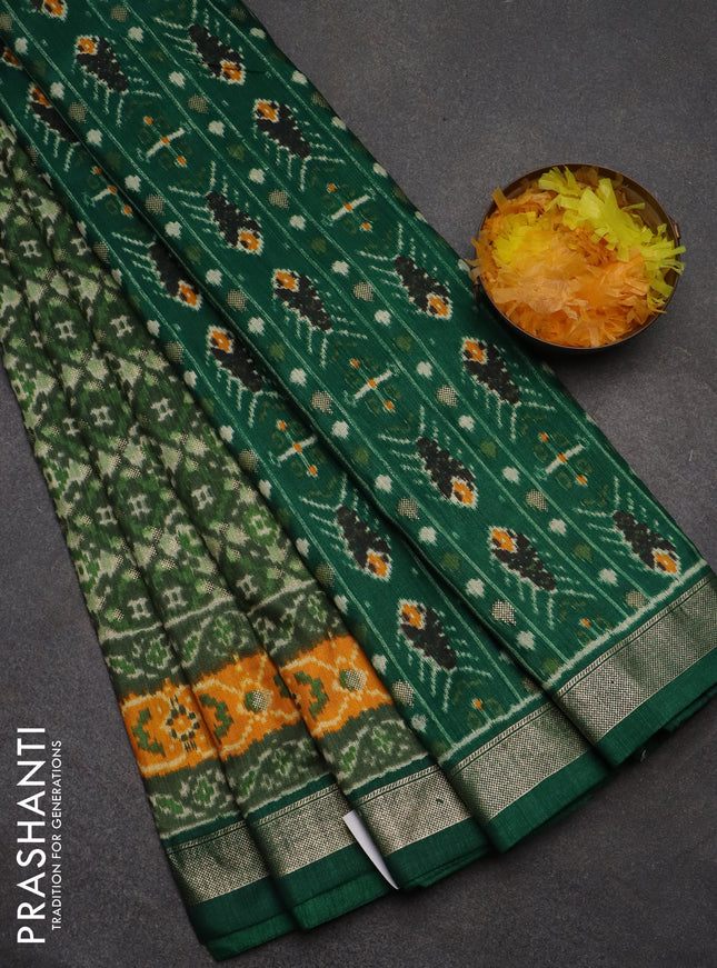Semi pochampally saree green and mango yellow with allover ikat prints and zari woven border