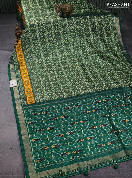 Semi pochampally saree green and mango yellow with allover ikat prints and zari woven border