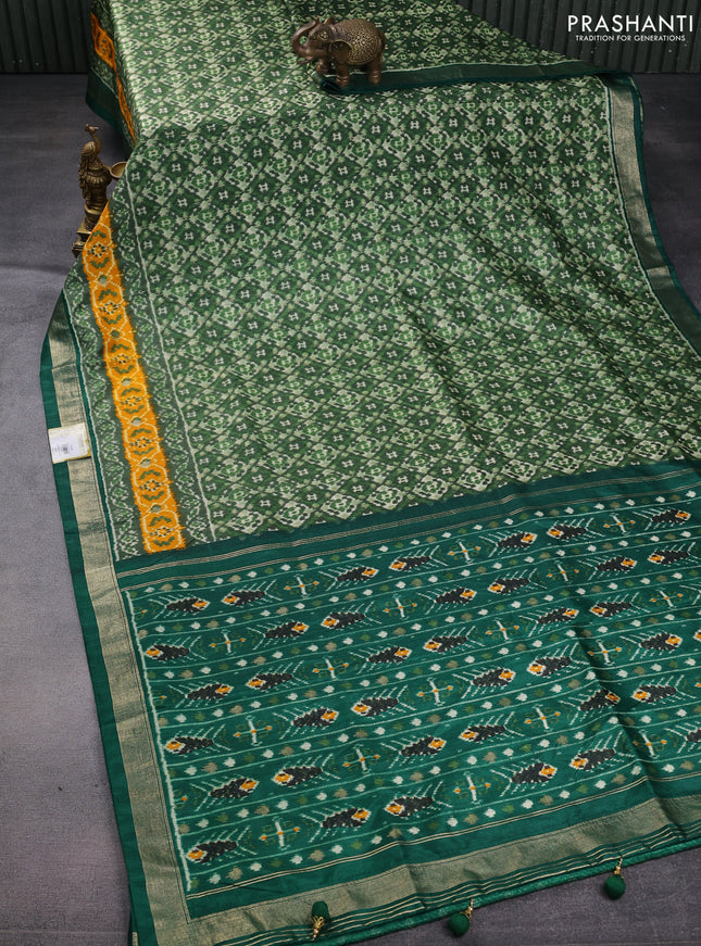 Semi pochampally saree green and mango yellow with allover ikat prints and zari woven border