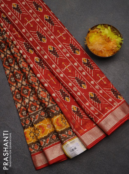 Semi pochampally saree brown shade and red with allover ikat prints and zari woven border