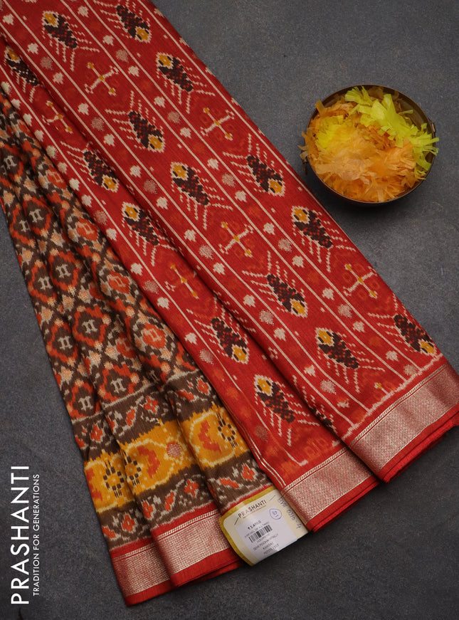 Semi pochampally saree brown shade and red with allover ikat prints and zari woven border