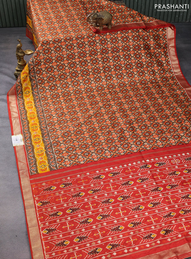 Semi pochampally saree brown shade and red with allover ikat prints and zari woven border