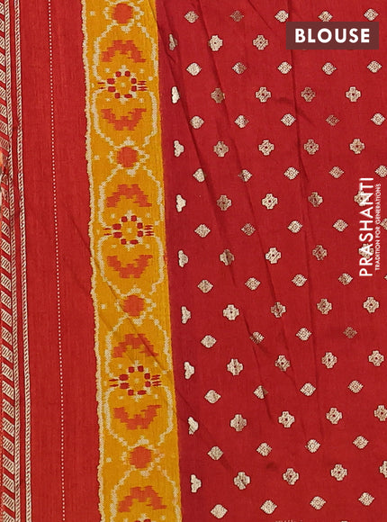 Semi pochampally saree brown shade and red with allover ikat prints and zari woven border