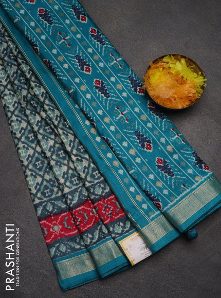 Semi pochampally saree peacock blue and red with allover ikat prints and zari woven border