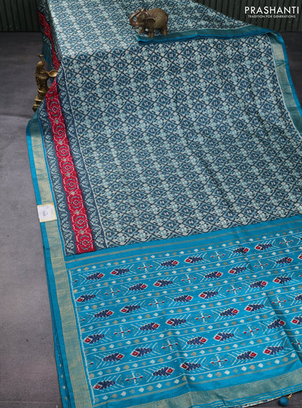 Semi pochampally saree peacock blue and red with allover ikat prints and zari woven border