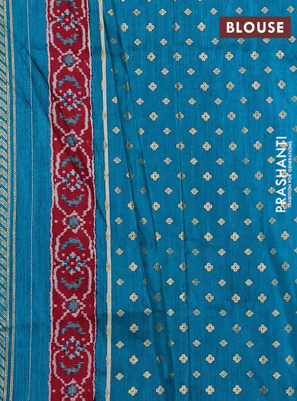 Semi pochampally saree peacock blue and red with allover ikat prints and zari woven border