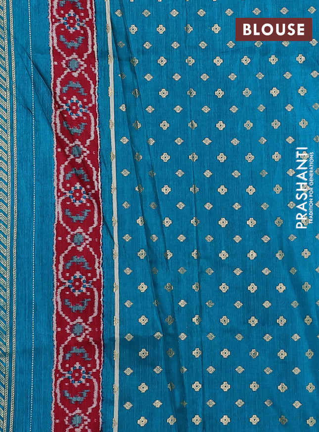 Semi pochampally saree peacock blue and red with allover ikat prints and zari woven border