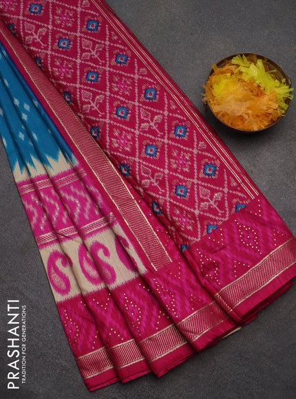 Semi pochampally saree cs blue and pink with ikat butta prints and long printed zari border