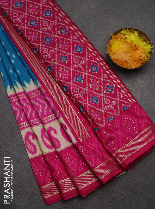 Semi pochampally saree cs blue and pink with ikat butta prints and long printed zari border