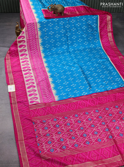Semi pochampally saree cs blue and pink with ikat butta prints and long printed zari border