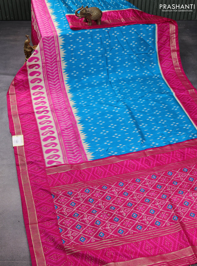 Semi pochampally saree cs blue and pink with ikat butta prints and long printed zari border